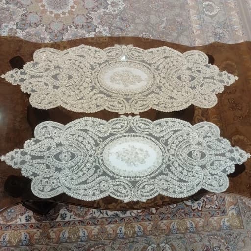 رومیزی بیضی مخمل دانتل سه تکه ترک طرح بوته جقه — تصویر ۵