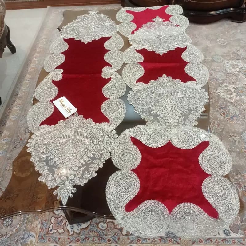 سرویس رومیزی مخمل دانتل سوییسی پنج تکه ترک