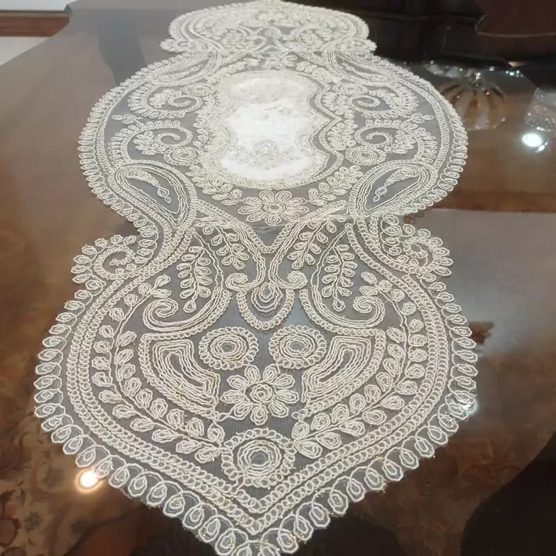 رومیزی بیضی مربع مخمل دانتل سه تکه طرح صدف — تصویر ۵
