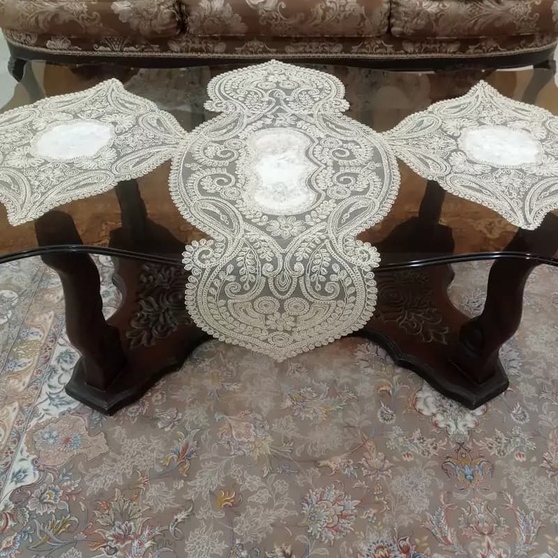 رومیزی بیضی مربع مخمل دانتل سه تکه طرح صدف