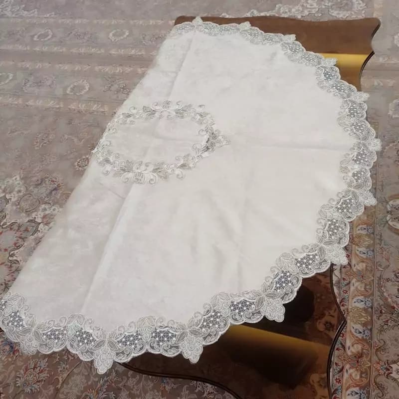 رومیزی گرد مخمل دانتل ترک طرح برگی قطر 120 — تصویر ۷