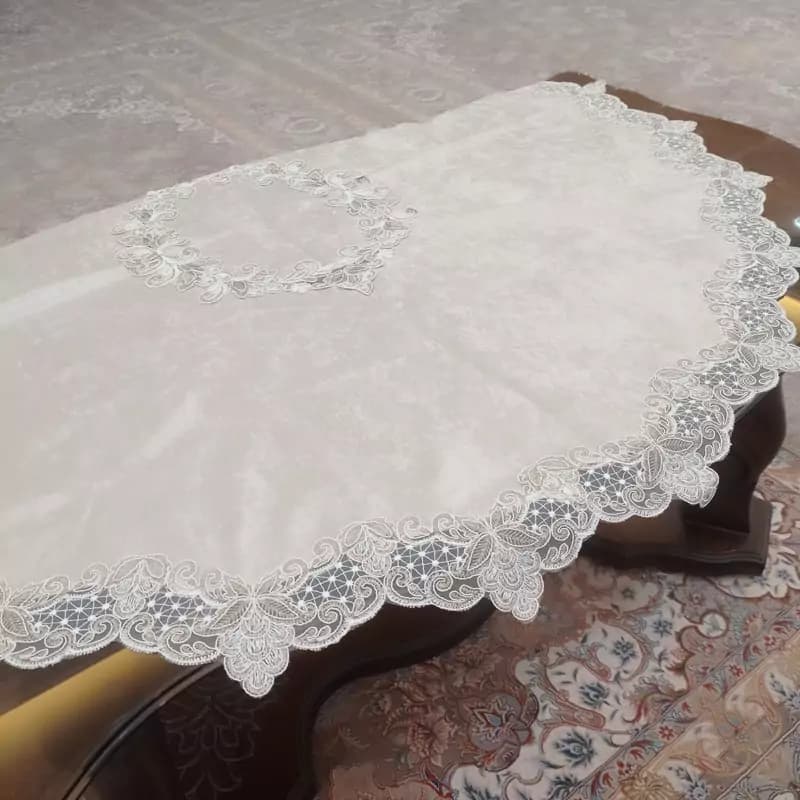 رومیزی گرد مخمل دانتل ترک طرح برگی قطر 120 — تصویر ۶