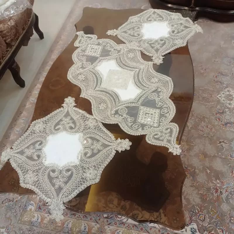 رومیزی مخمل دانتل جدید سه تکه ترک طرح داماک