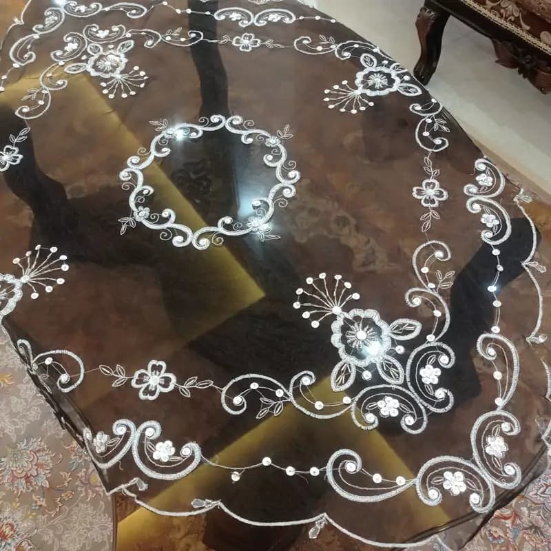 رومیزی حریر سنگ دوزی شده کار دست مربع 90 سانتی مشکی رنگ — تصویر ۶