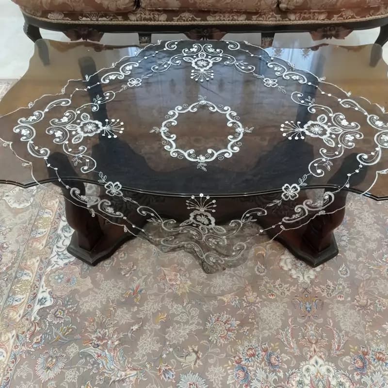 رومیزی حریر سنگ دوزی شده کار دست مربع 90 سانتی مشکی رنگ — تصویر ۵