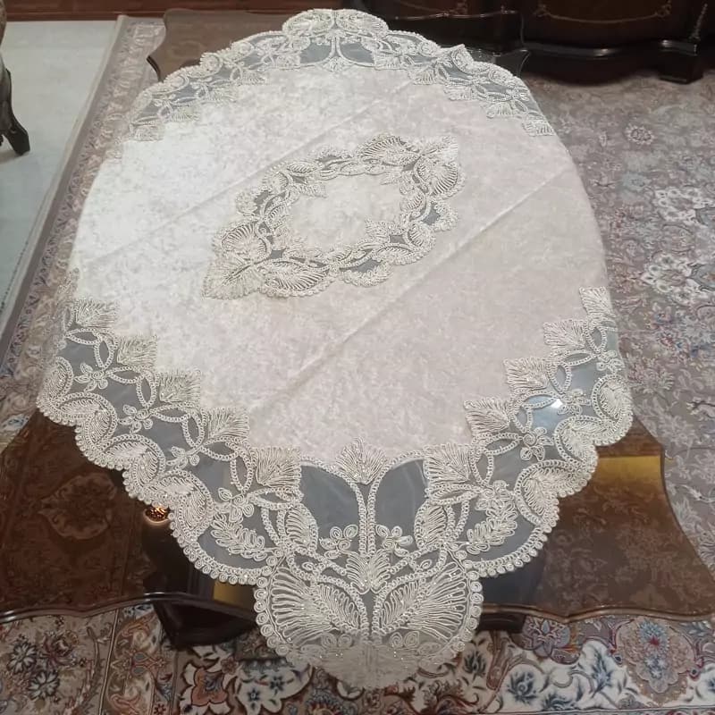 ست رومیزی جلو مبلی مربع و کنسول و میز غذاخوری مخمل دانتل طرح گندمی — تصویر ۳