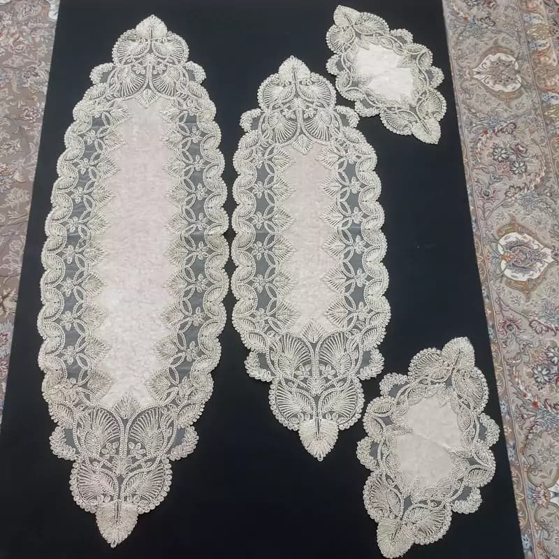 ست رومیزی جلو مبلی مربع و کنسول و میز غذاخوری مخمل دانتل طرح گندمی — تصویر ۷