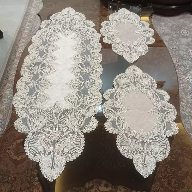 ست رومیزی جلو مبلی مربع و کنسول و میز غذاخوری مخمل دانتل طرح گندمی — تصویر ۵