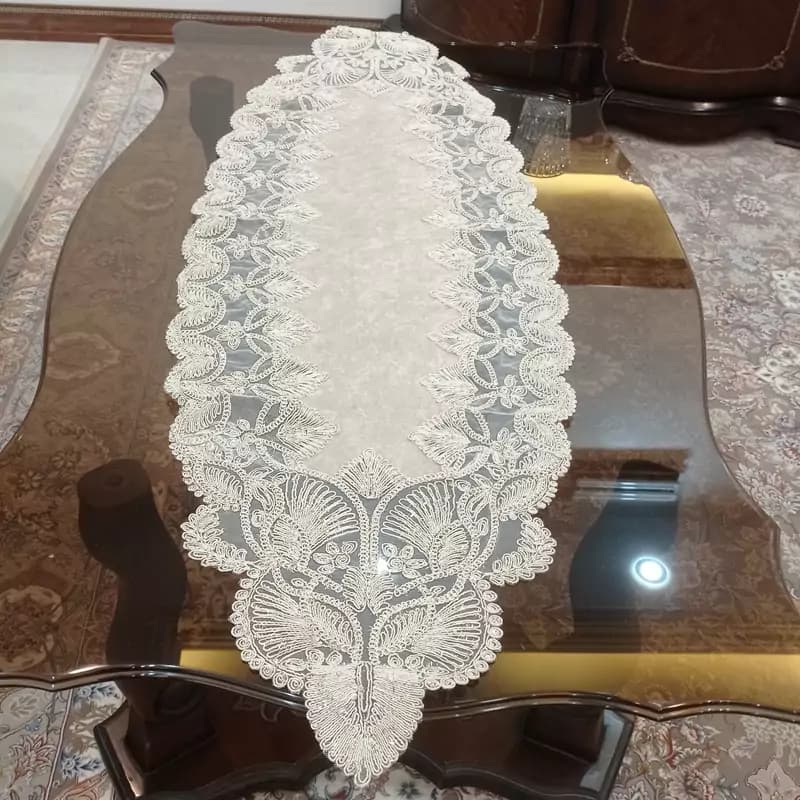 ست رومیزی جلو مبلی مربع و کنسول و میز غذاخوری مخمل دانتل طرح گندمی — تصویر ۶