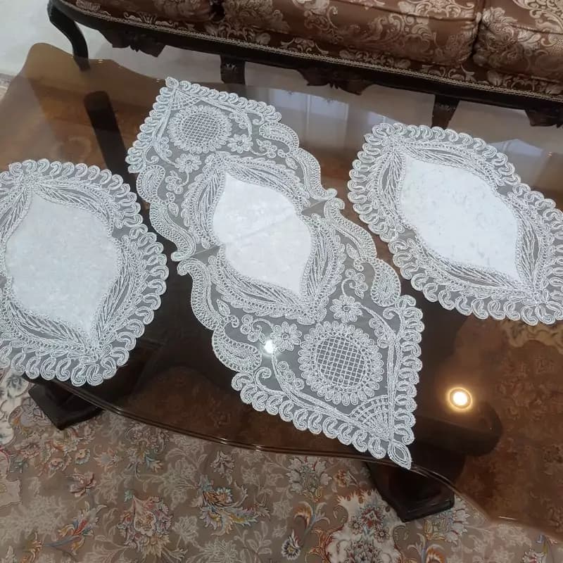 رومیزی مخمل دانتل سه تکه جدید رنگ طوسی ترکیه ای — تصویر ۷