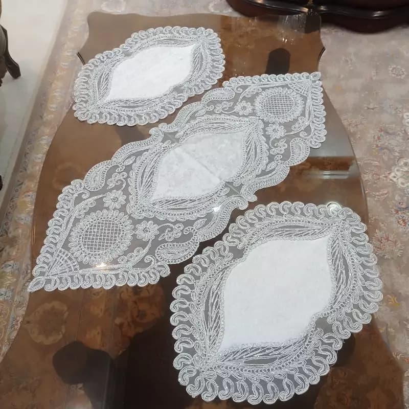 رومیزی مخمل دانتل سه تکه جدید رنگ طوسی ترکیه ای — تصویر ۶