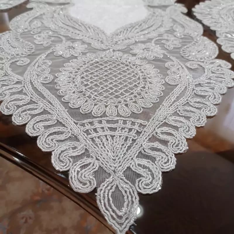 رومیزی مخمل دانتل سه تکه جدید رنگ طوسی ترکیه ای — تصویر ۲