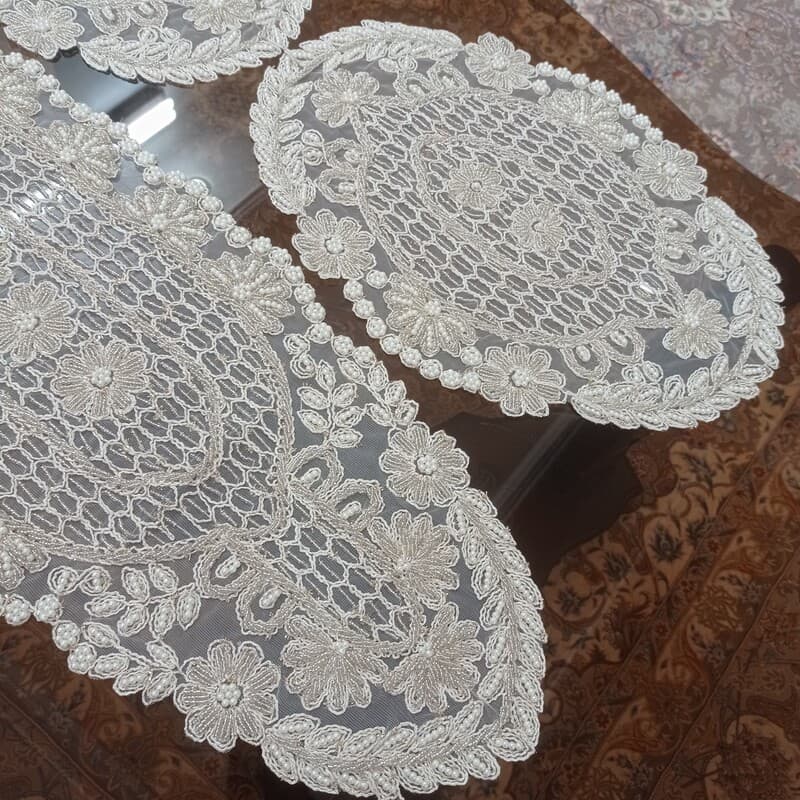رومیزی دانتل ملیله و مروارید دوزی جدید بیضی کد 001 — تصویر ۷