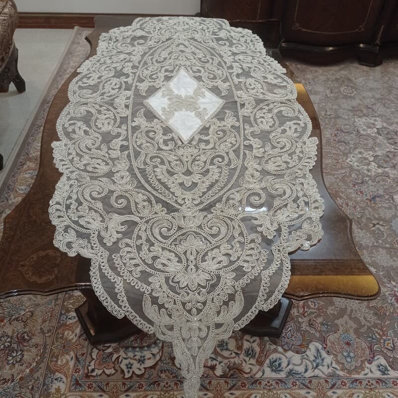 رانر غذاخوری دانتل مخمل ترک جدید طرح آنتیک سایز بزرگ — تصویر ۳
