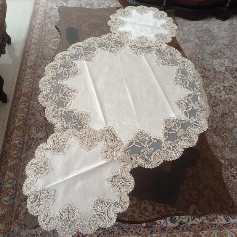 رومیزی گرد مخمل دانتل سه تکه ترک مدل گندمی در سه رنگ مختلف — تصویر ۸