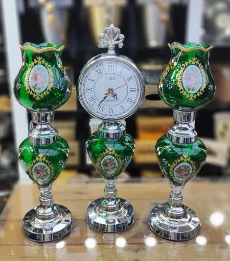 ست ساعت و شمعدان گلدار سبز سیلور 302021 فیلبندشاپ مدل 839740