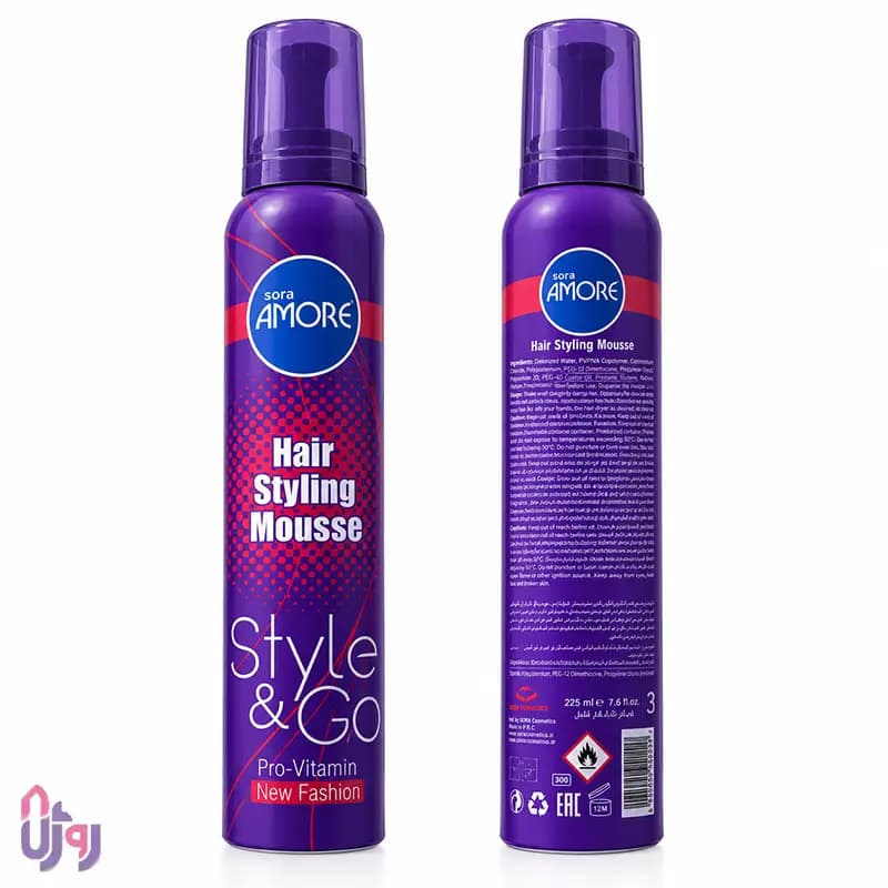 اسپری حالت دهنده مو سورا آمور Sora Amore مدل موس حالت‌دهنده مو New Fashion پرو ویتامین Pro-Vitamin حجم 225 میلی‌لیتر — تصویر ۴