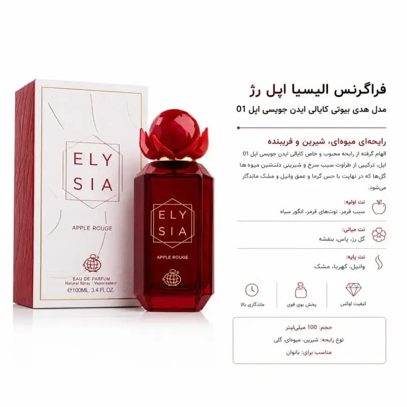 عطر زنانه فراگرنس ورد الیسیا اپل رژ ادو پرفیوم 100 میل الهام گرفته از Kayali Eden Juicy Apple — تصویر ۳
