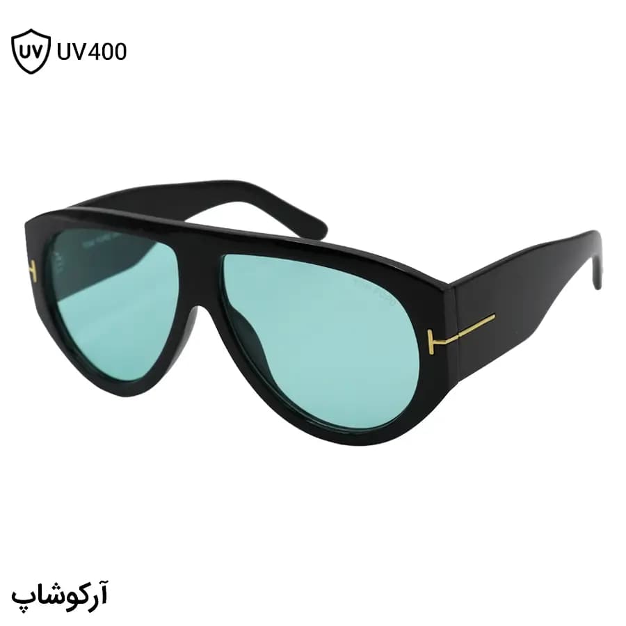 عینک دید در شب TOM FORD با فریم رنگ مشکی براق، شکل خلبانی، دسته پهن و لنز سبز رنگ مدل W68228