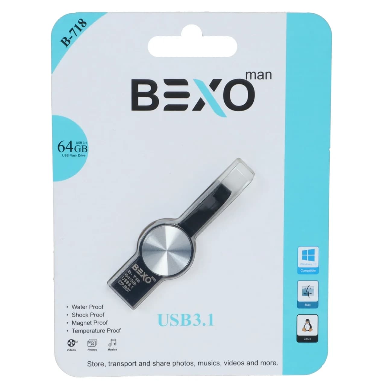فلش مموری BEXO USB3.1 مدل B-718 ظرفیت 64GB – نقره ای مشکی (گارانتی داده پردازی آواتک)