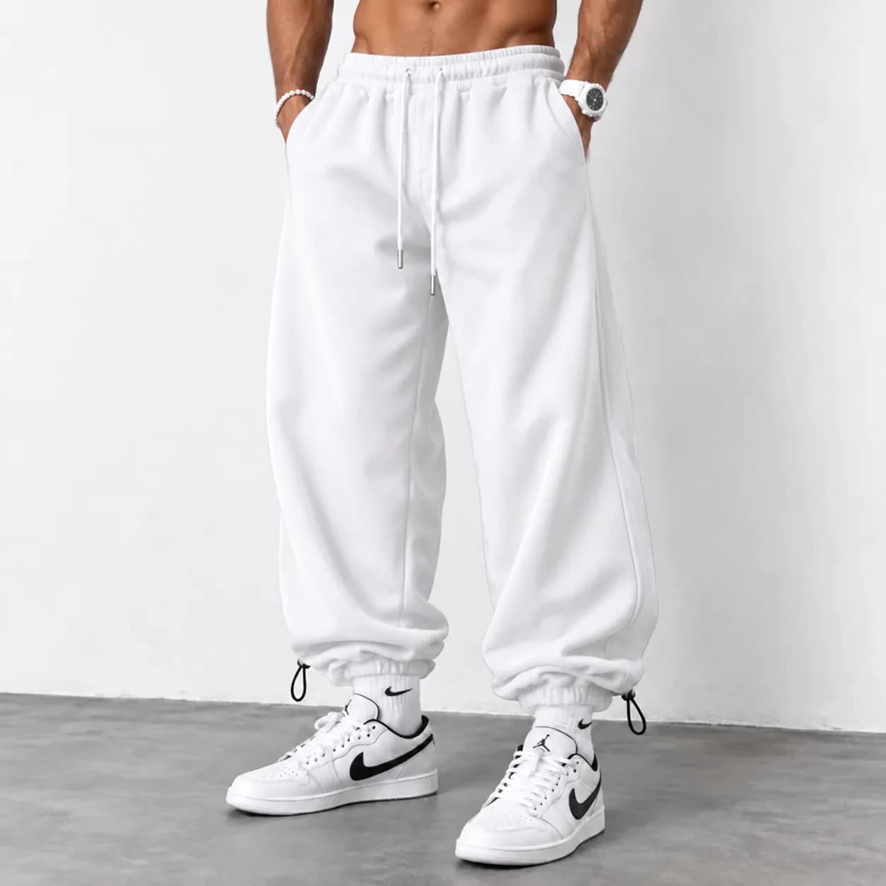 شلوار اسلش جاگر اسپرت سفید / بگ / دورس پنبه 3 نخ درجه یک / دمپا استوپر 2حالته / (کیفیت در حد مستر)