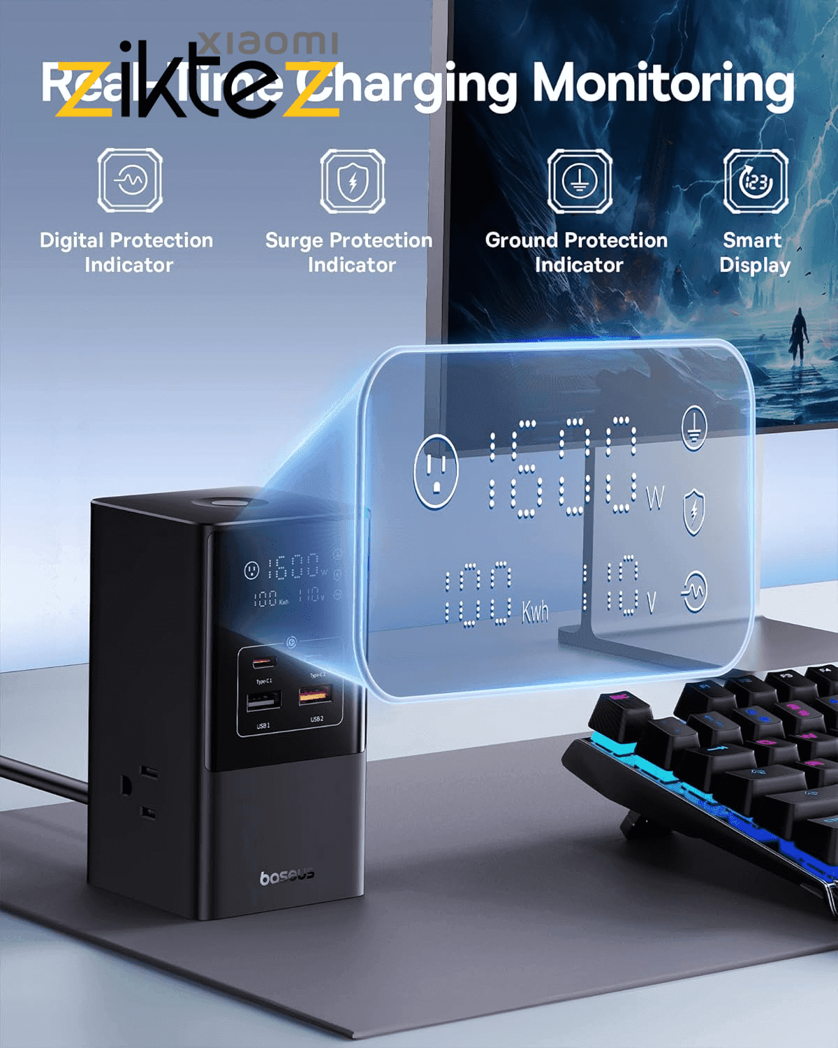 شارژر رومیزی و چند راهی برق بیسوس 100وات Baseus CCGAN100-S3ACJ Powercombo Tower GaN E0002360A113 (اورجینال با گارانتی) — تصویر ۵