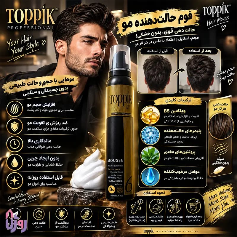 اسپری حالت دهنده مو تاپیک Toppik مدل موس حجم‌دهنده و حالت‌دهنده فوق قوی Hair Filler Style Protect Ultra Hold Volume Mousse 6 حجم 200 میل — تصویر ۵