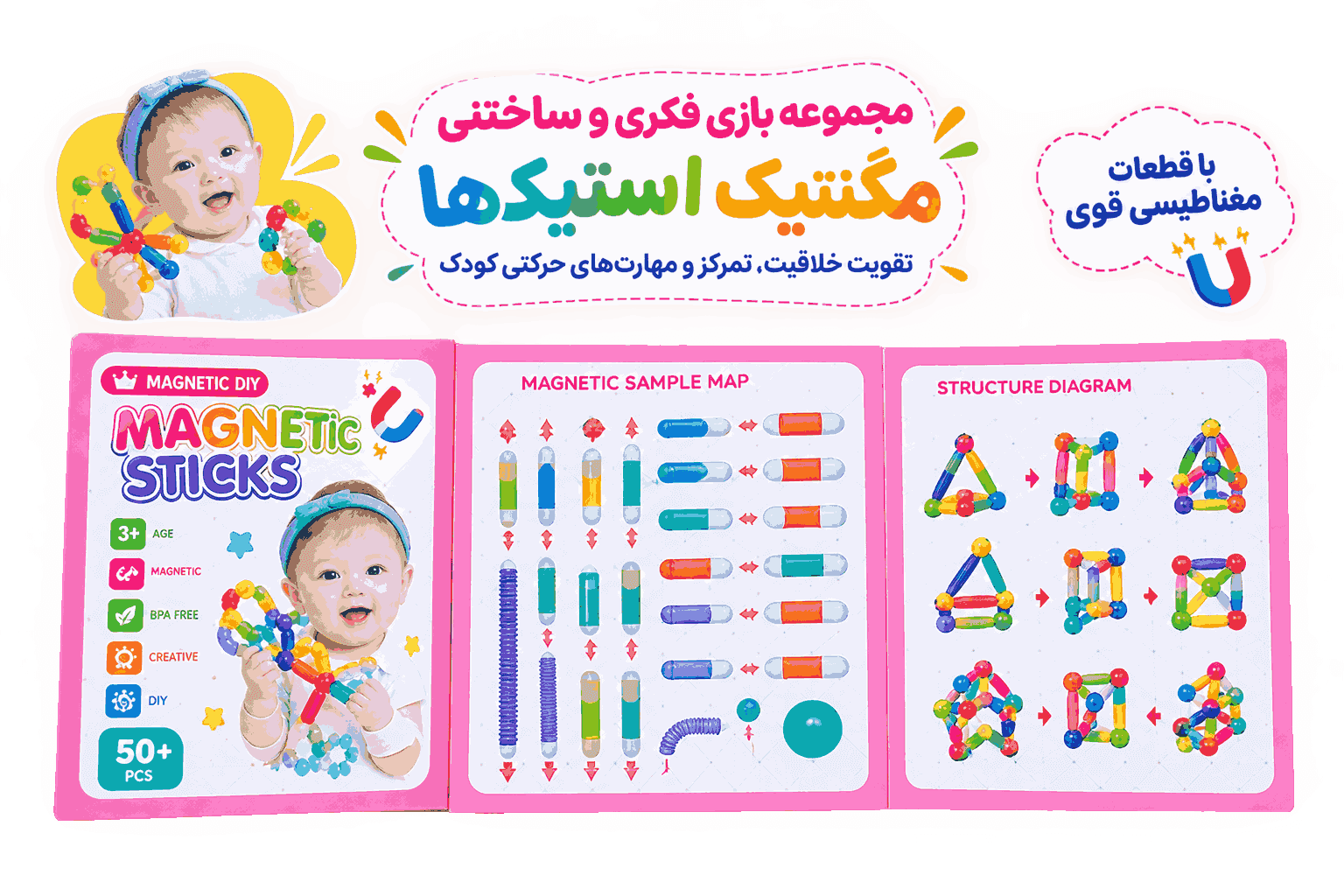 مگنتیک استیک 70 تکه مدل 158-43 | اسباب‌بازی ساختنی مغناطیسی — تصویر ۲