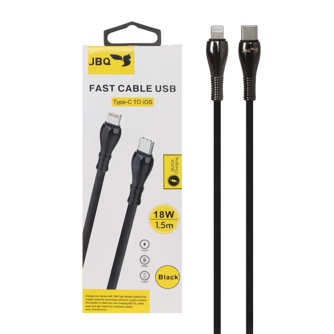 کابل شارژ 1.5 متری فست JBQ Type-C to Lightning مدل CB-12P1 – مشکی (گارانتی یکساله رصاصی)