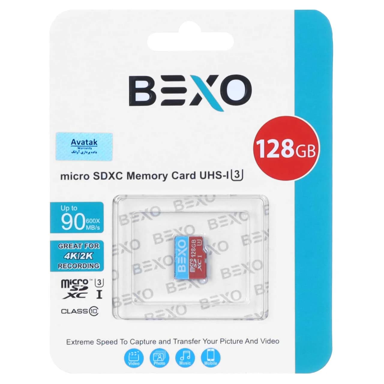 BEXO microSDXC UHS-I U3 Class10-90MB/s – 128GB (گارانتی داده پردازی آواتک)