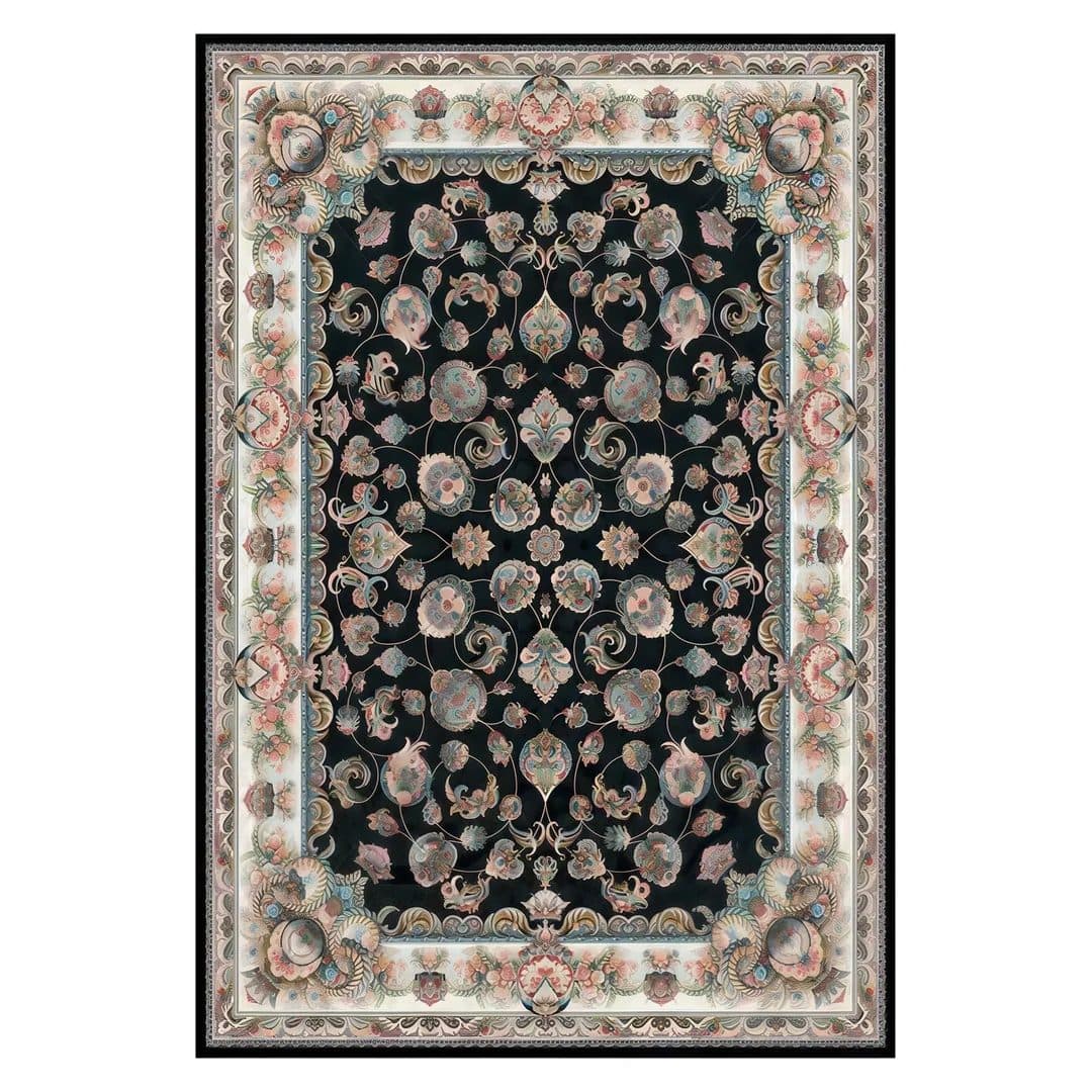 فرشینه مخمل ترک طرح گل فرنگ زغالی کد U9-462