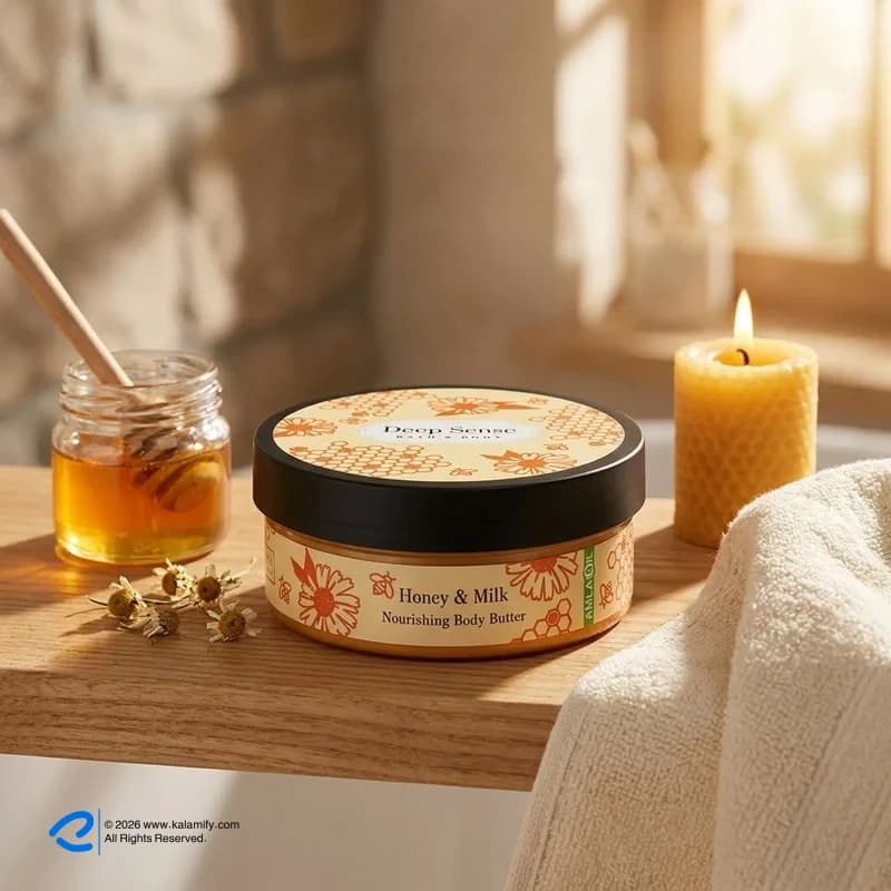 کره بدن دیپ سنس مدل Honey حجم 200 میلی‌لیتر مغذی و آبرسان قوی با کره شی، روغن نارگیل و آملا، ضد خشکی و نرم‌کننده پوست با جذب سریع و حفظ رطوبت طولانی‌مدت مناسب بانوان — تصویر ۹