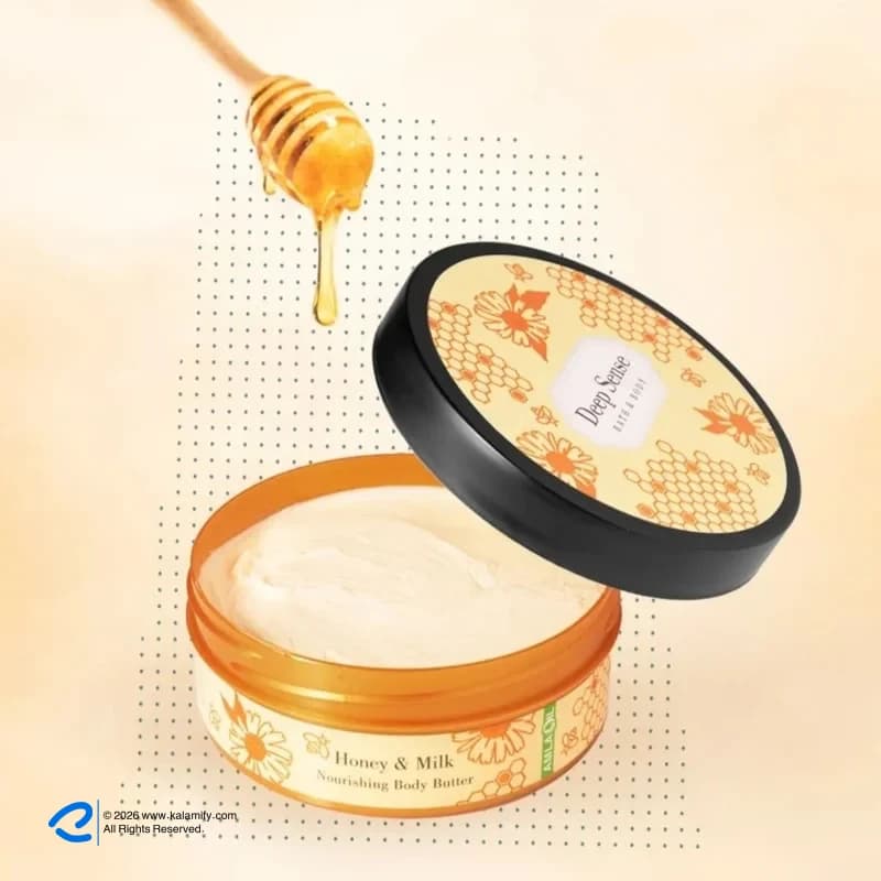 کره بدن دیپ سنس مدل Honey حجم 200 میلی‌لیتر مغذی و آبرسان قوی با کره شی، روغن نارگیل و آملا، ضد خشکی و نرم‌کننده پوست با جذب سریع و حفظ رطوبت طولانی‌مدت مناسب بانوان — تصویر ۱۲