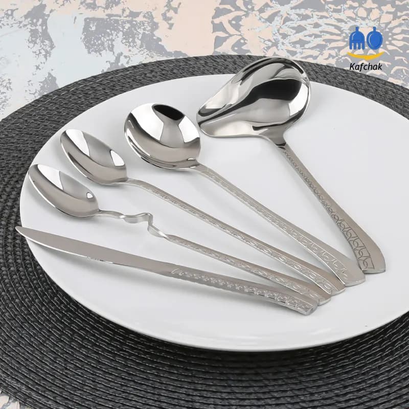 سرویس قاشق چنگال برند کفچک – مدل ورساچ – استیل مات و براق — تصویر ۲