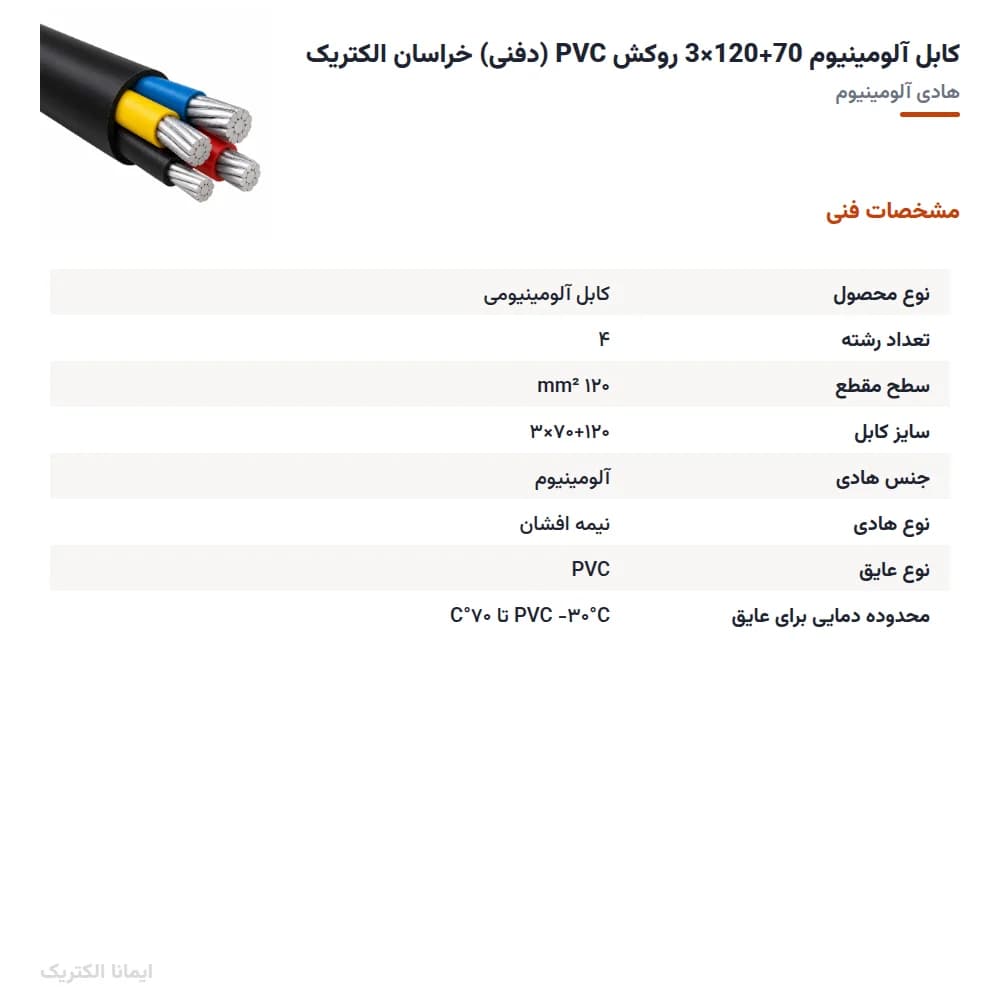 کابل آلومینیوم 70+120×3 روکش PVC (دفنی) خراسان الکتریک — تصویر ۵