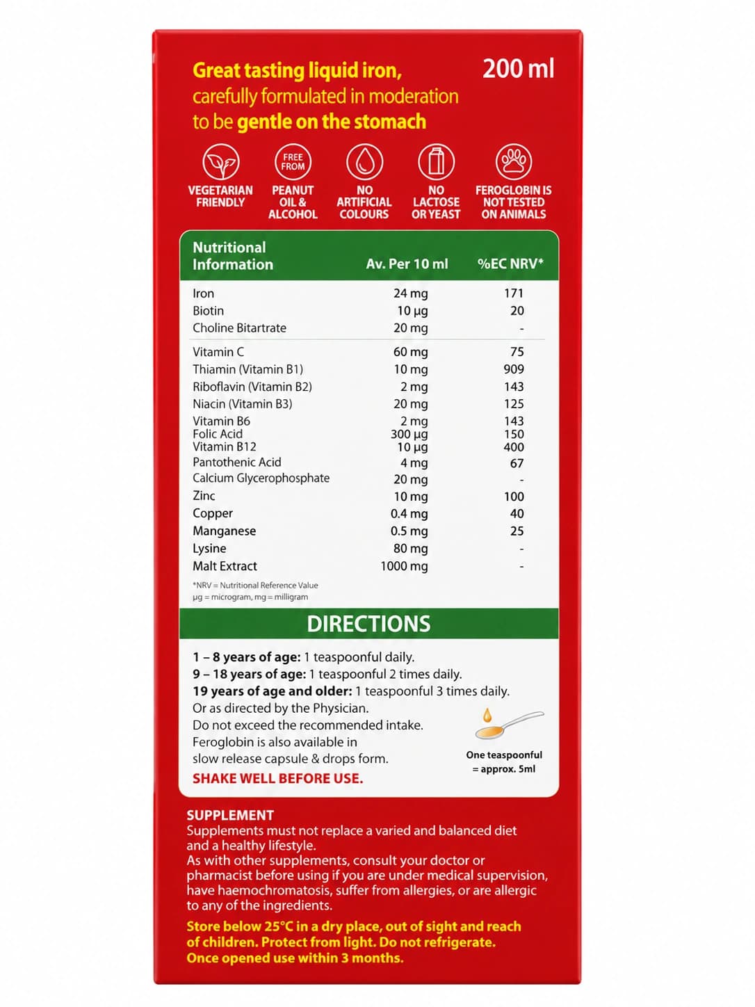 شربت فروگلبین پلاس ویتابیوتیکس (Vitabiotics Feroglobin Plus) حجم ۲۰۰ میلی‌لیتر — تصویر ۳