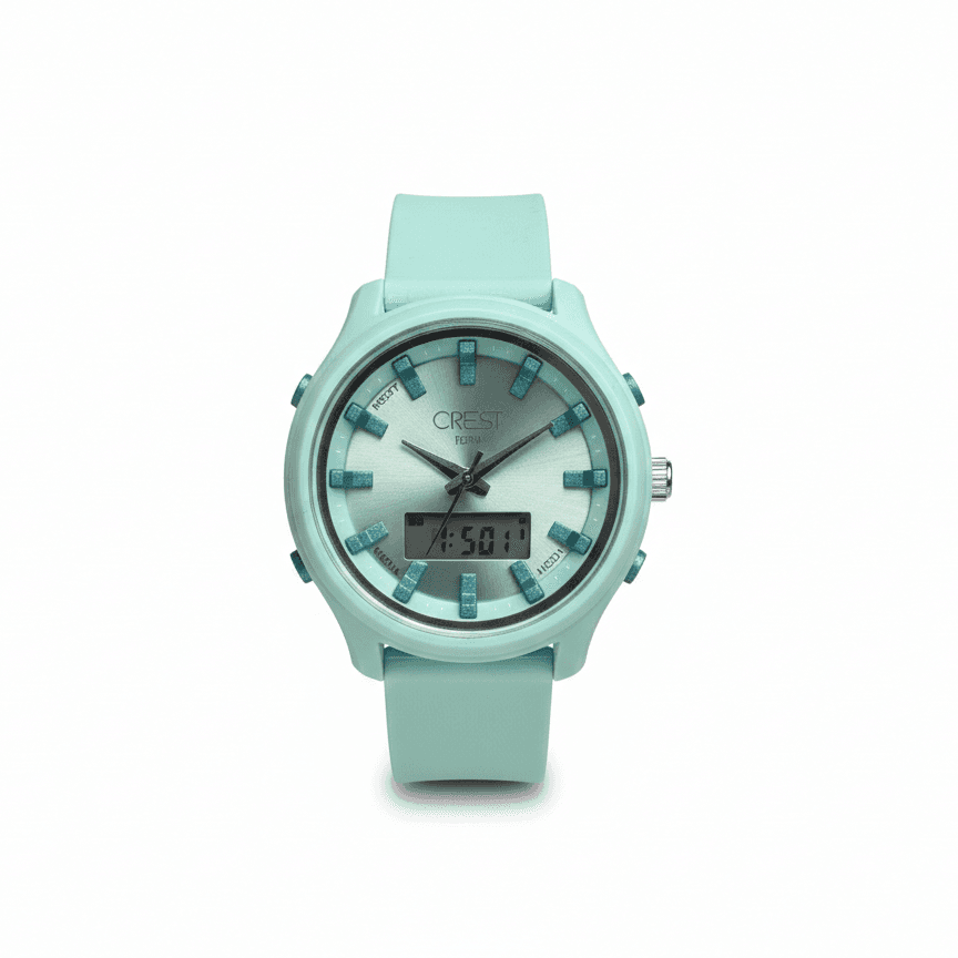 ساعت cr-9511-2 crest poro زنانه dual time با بند رابر و کیس ابی