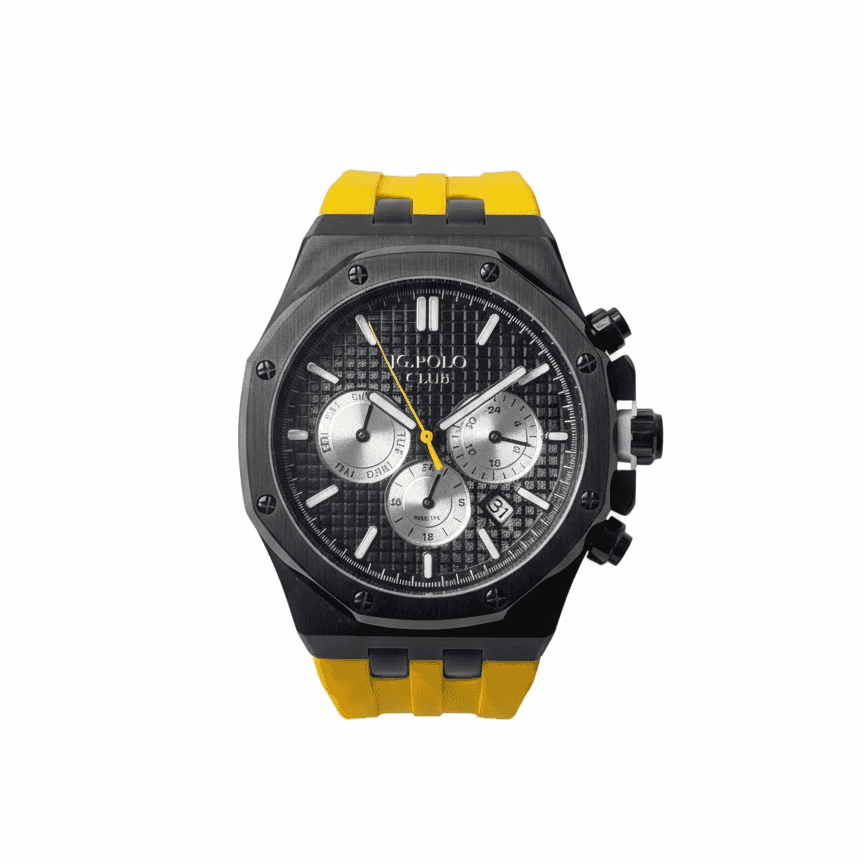 ساعت مردانه polo s02900s.08 استیل با بند رابر زرد و صفحه ای مشکی و موتور سه حالته