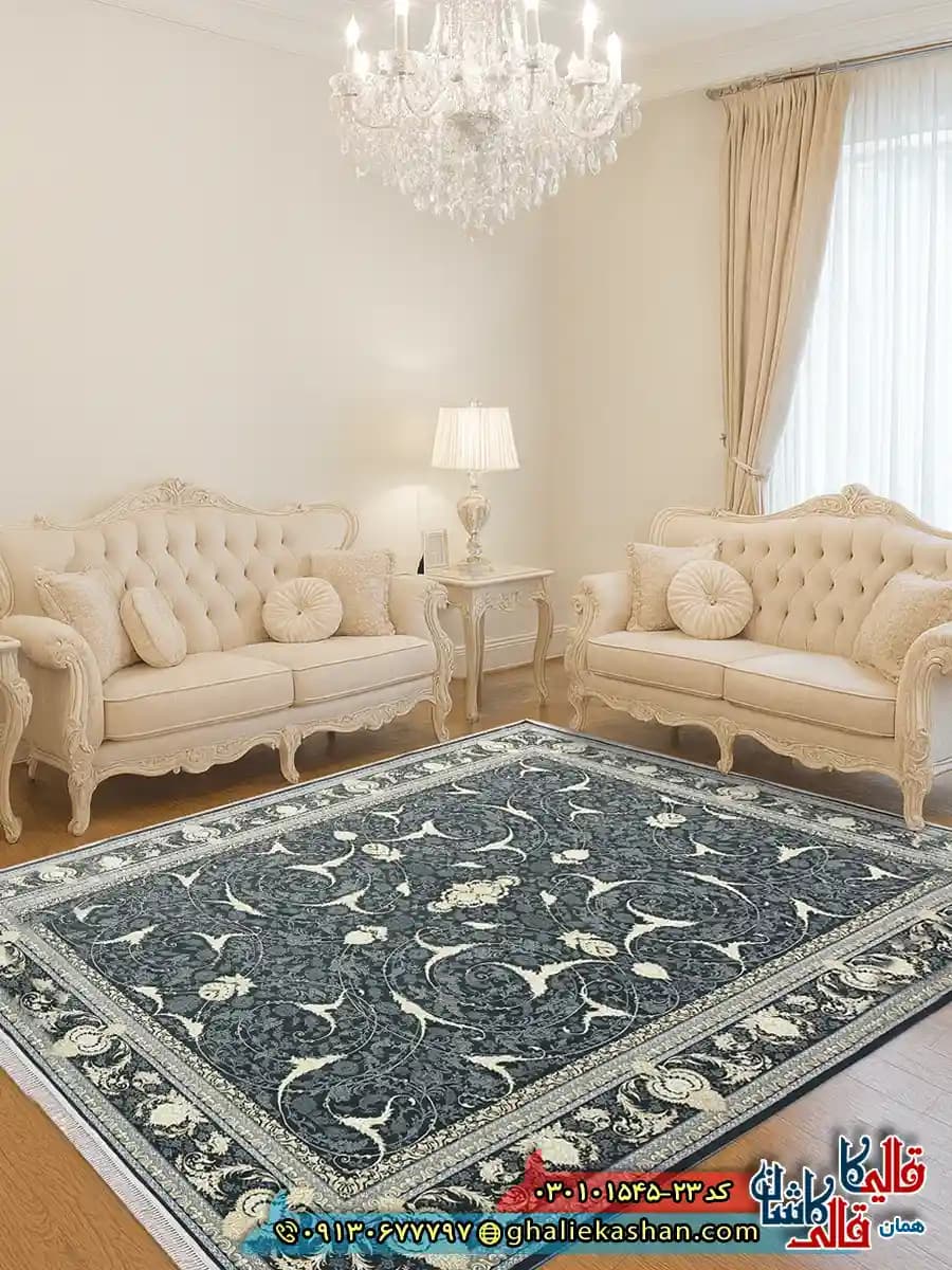 فرش 1500 شانه طرح افشان ژیوا رنگ طوسی دودی کاشان