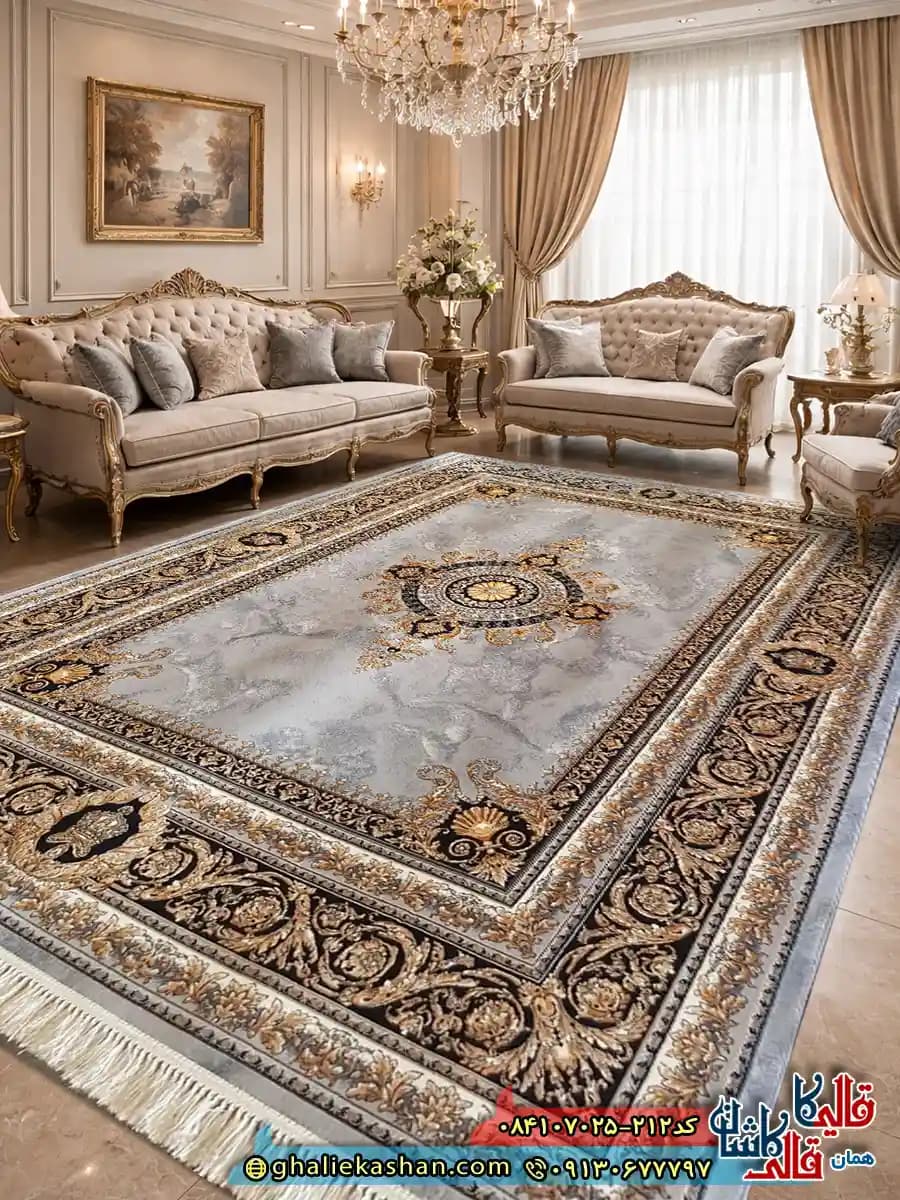 فرش 700 شانه طرح ورساچه ژیوا رنگ طوسی نقره ای کاشان