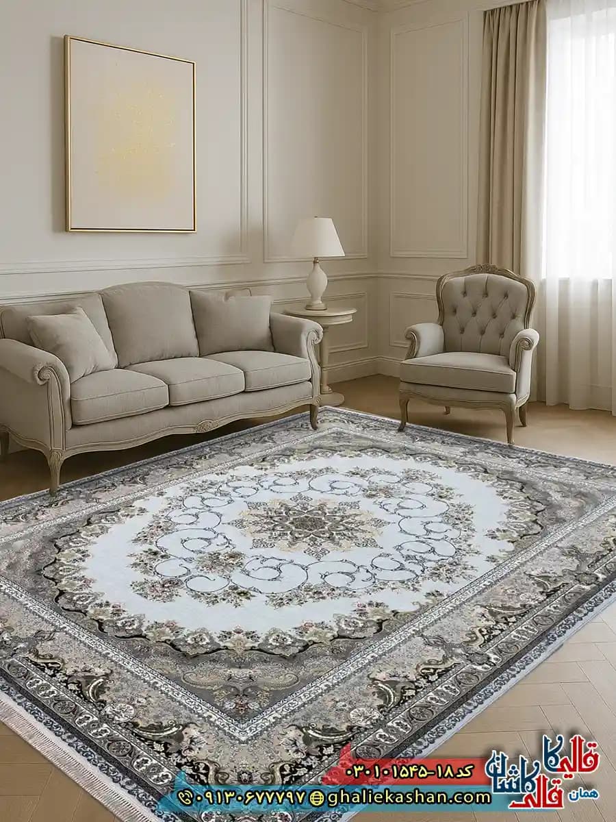 فرش 1500 شانه طرح تندیس رنگ آبی الماسی کاشان