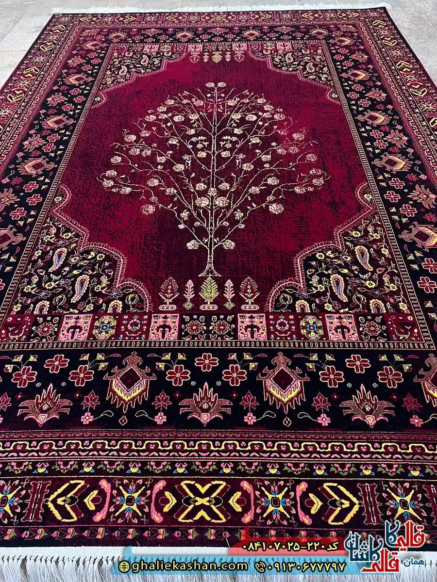 فرش 700 شانه طرح زندگی رنگ قرمز روناسی کاشان — تصویر ۲