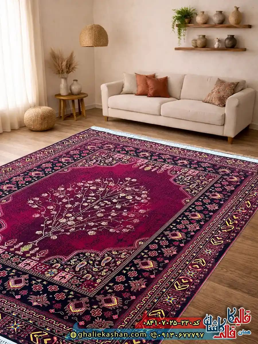 فرش 700 شانه طرح زندگی رنگ قرمز روناسی کاشان