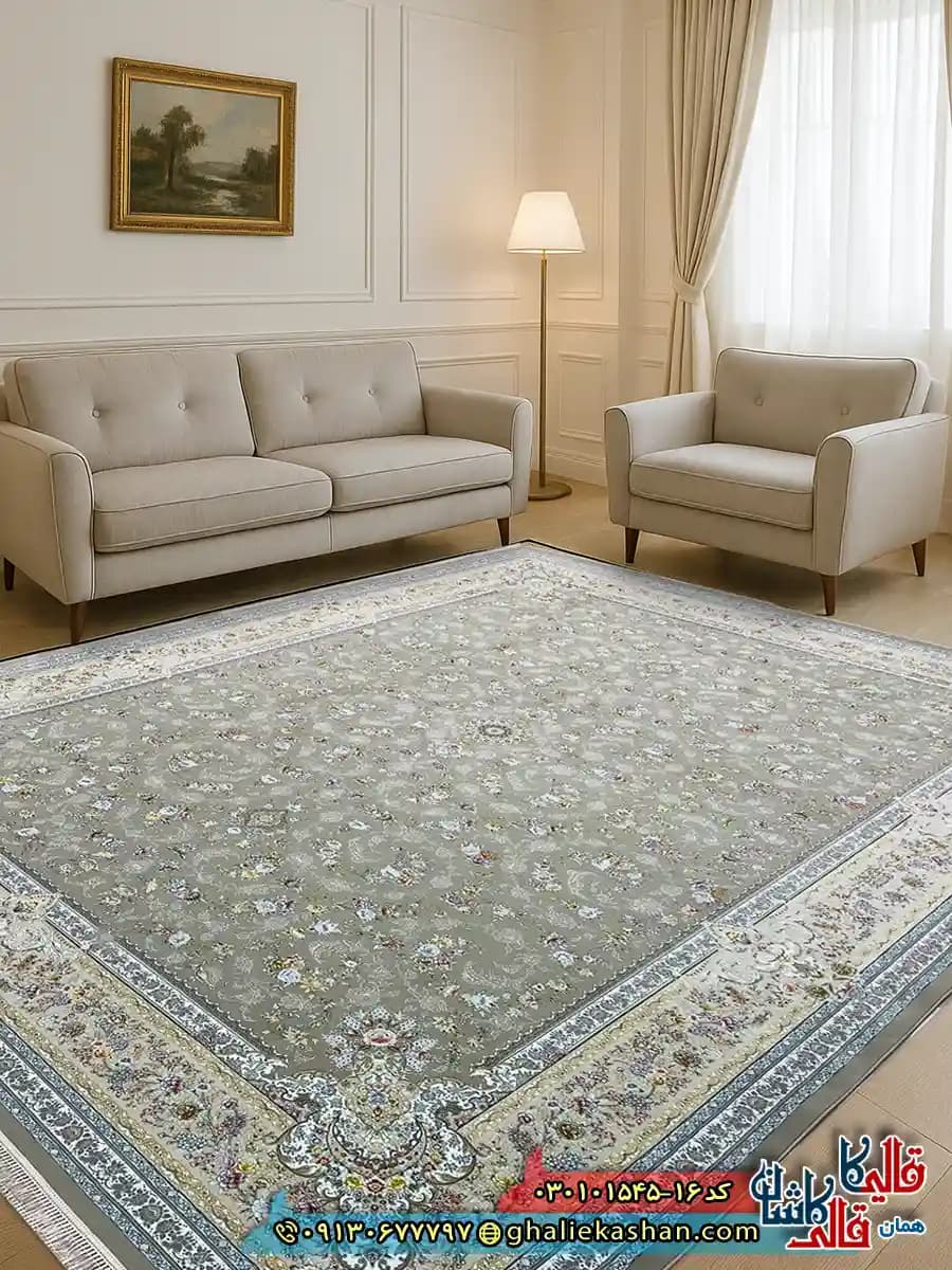 فرش 1500 شانه طرح افشان پروانه رنگ قهوه ای نسکافه ای کاشان