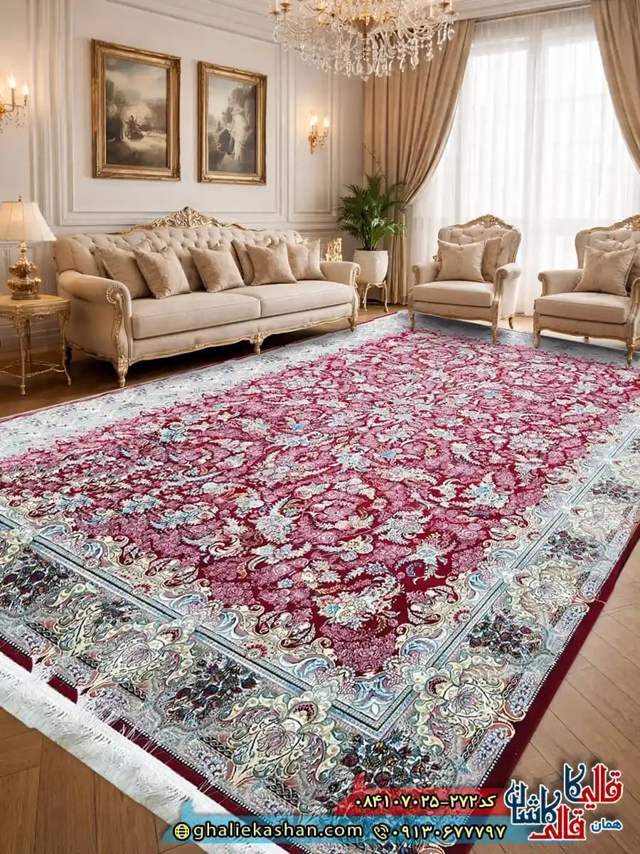 فرش 700 شانه طرح افشان آترین رنگ قرمز روناسی کاشان