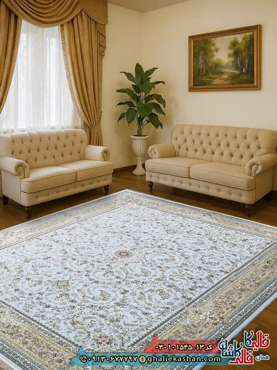 فرش 1500 شانه طرح افشان پروانه رنگ آبی الماسی کاشان