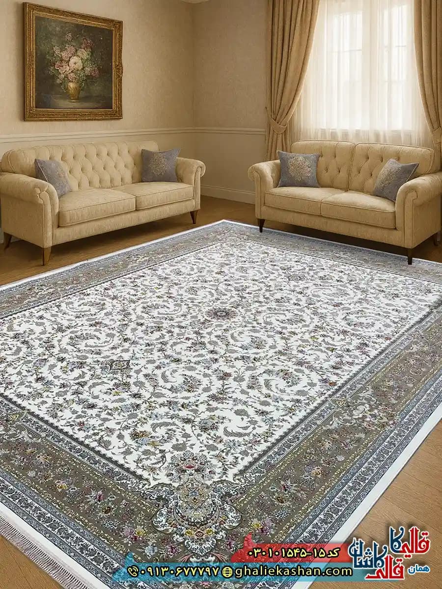 فرش 1500 شانه طرح افشان پروانه رنگ کرم کاشان
