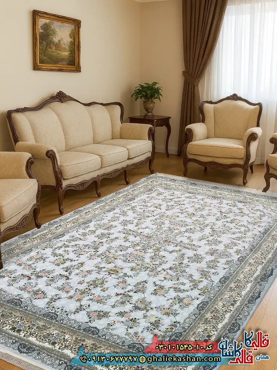 فرش 1500 شانه طرح افشان بهار رنگ آبی الماسی کاشان