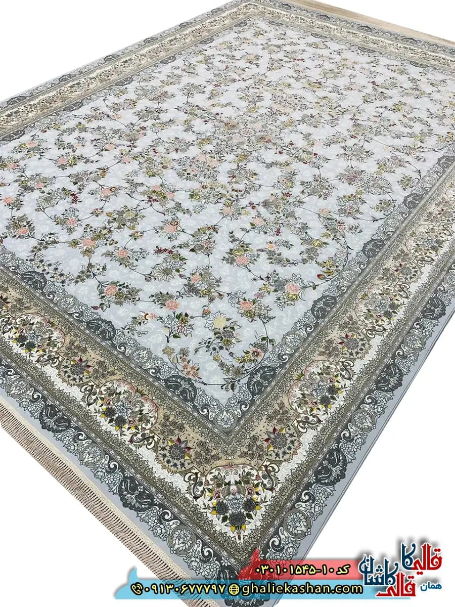 فرش 1500 شانه طرح افشان بهار رنگ آبی الماسی کاشان — تصویر ۲