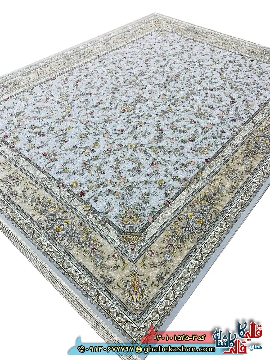 فرش 1500 شانه طرح افشان ارغوان رنگ آبی الماسی کاشان — تصویر ۲